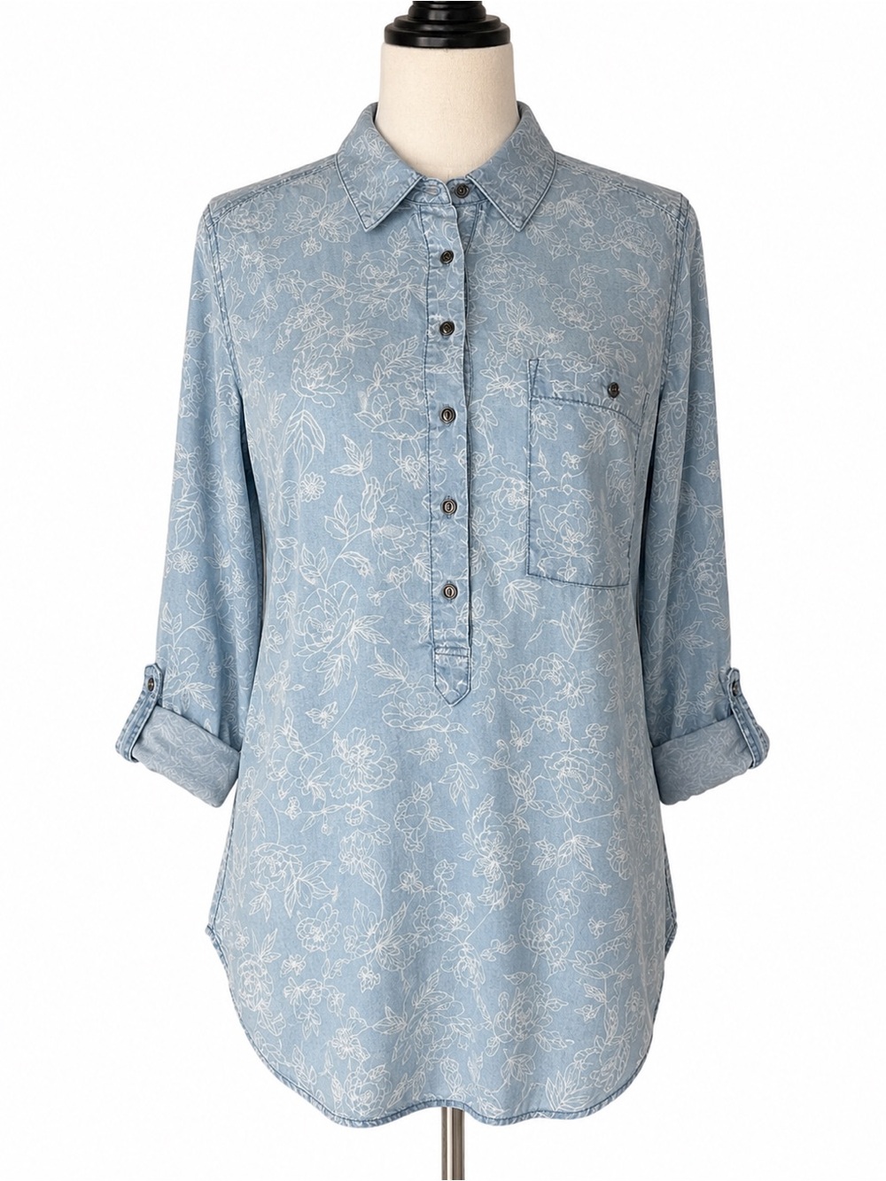 Caffe Marrakesh Chambray Tencel Floral Popover Top